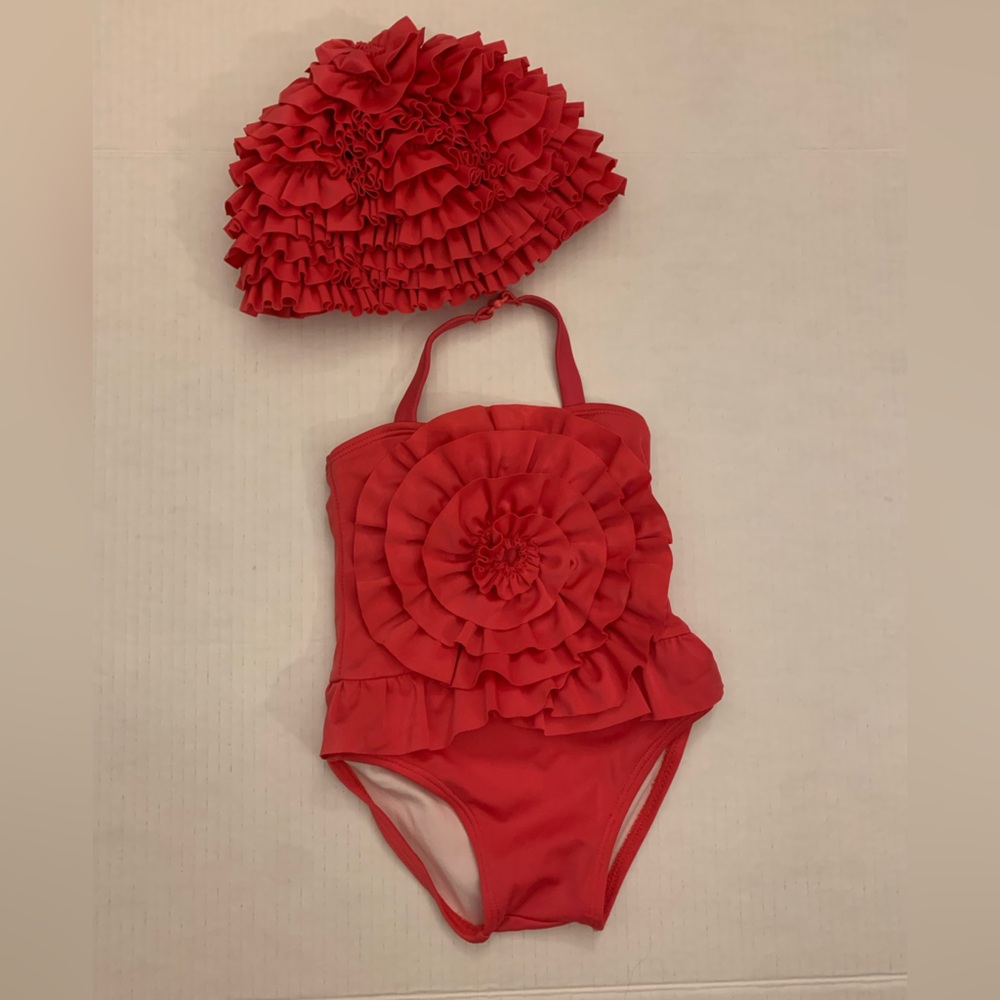 Janie and Jack Fuchsia Pink Swimsuit and Swim Cap Set